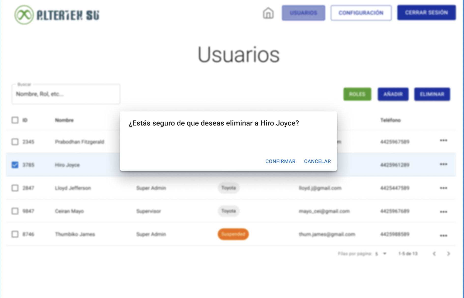 Interfaz para eliminar a un usuario
